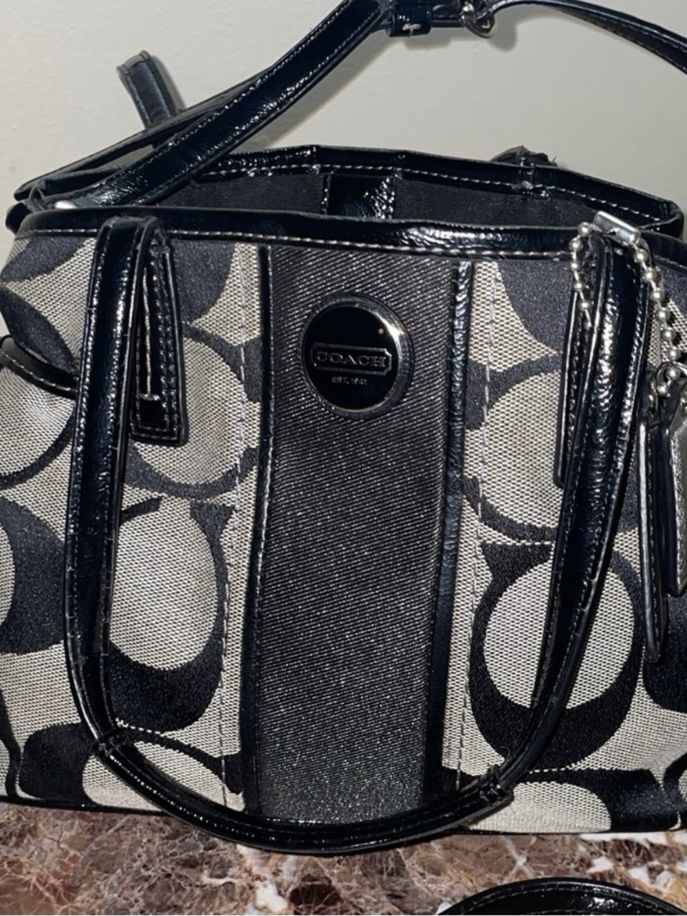 Coach Black and Tan Signature Canvas Handbag 10” x 7” x 4”